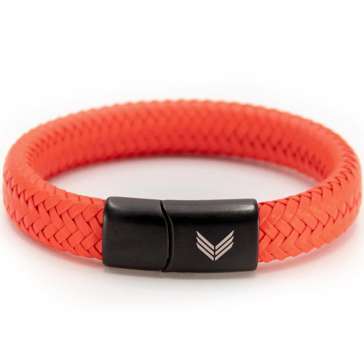 Vertig Magnetic Wide Leather Bracelet Orange. Full view showcasing its bold, vibrant orange premium leather and magnetic clasp.