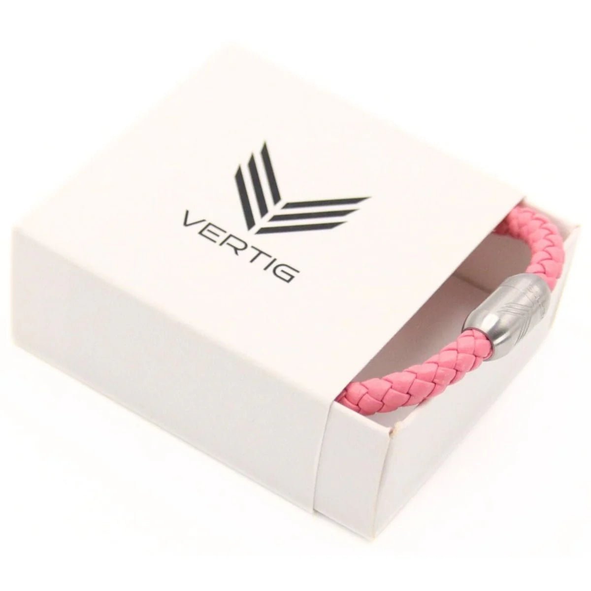 Vertig Magnetic Leather Bracelet Pink (Slim) presented in a luxurious branded gift box. Ideal for a thoughtful and stylish pink-themed gift.