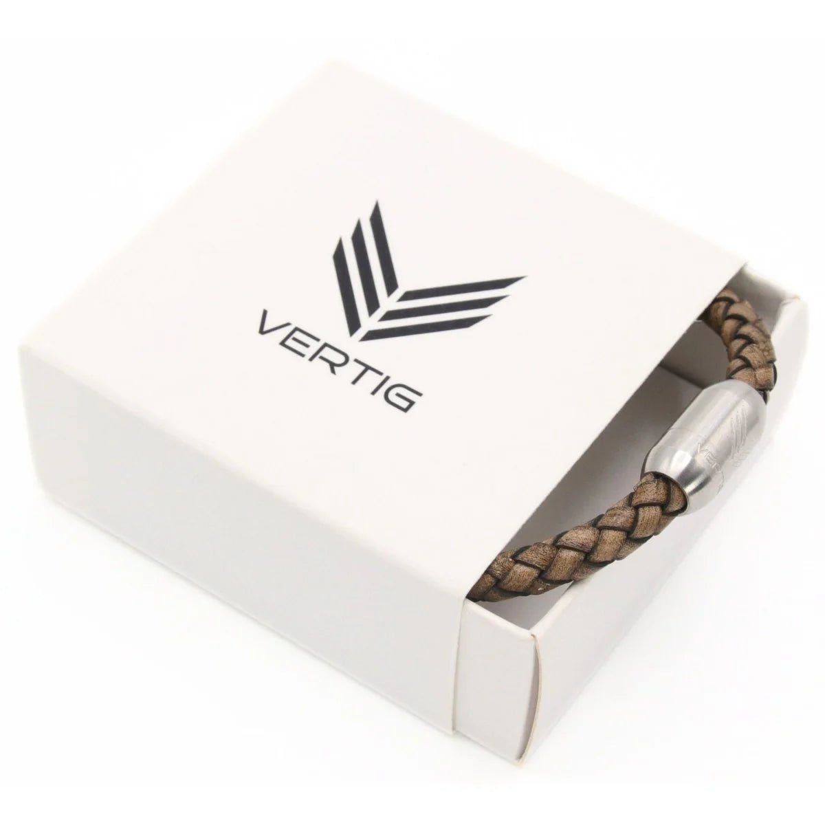 Vertig Magnetic Leather Bracelet Vintage White (Slim) presented in a luxurious branded gift box. Ideal for a thoughtful and stylish gift with a timeless appeal.